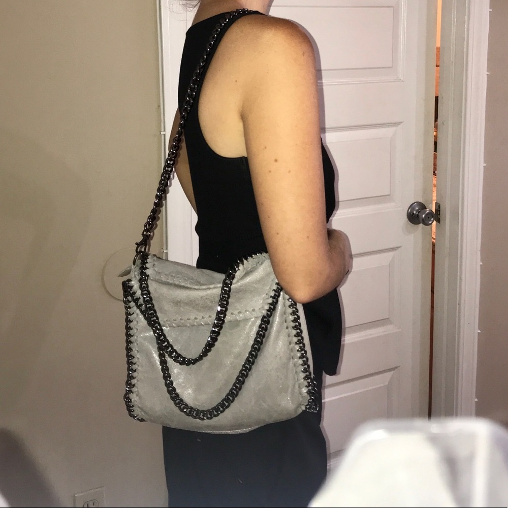 Silver Fold-over chain leather shoulder bag